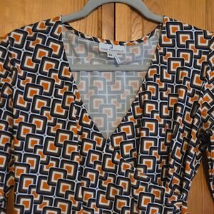Jude Connally Dress M Geometric Faux Wrap Orange &‎ Blue Wrinkle Resistant